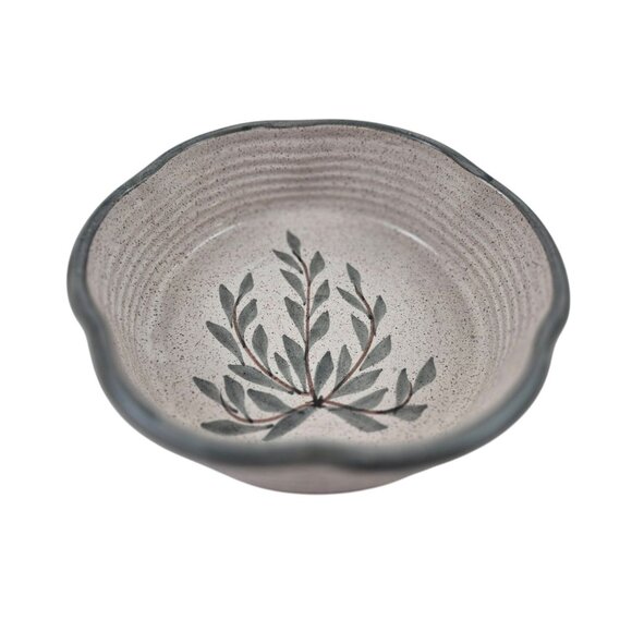 Handcrafted Stoneware Ceramic Bowl Leaf Design Speckled Glossy Finish Rustic - Picture 6 of 10